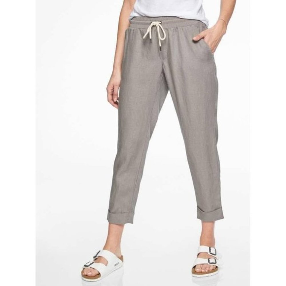 ATHLETA Bali Linen Pull On Pants Cuffs Grey Taupe
